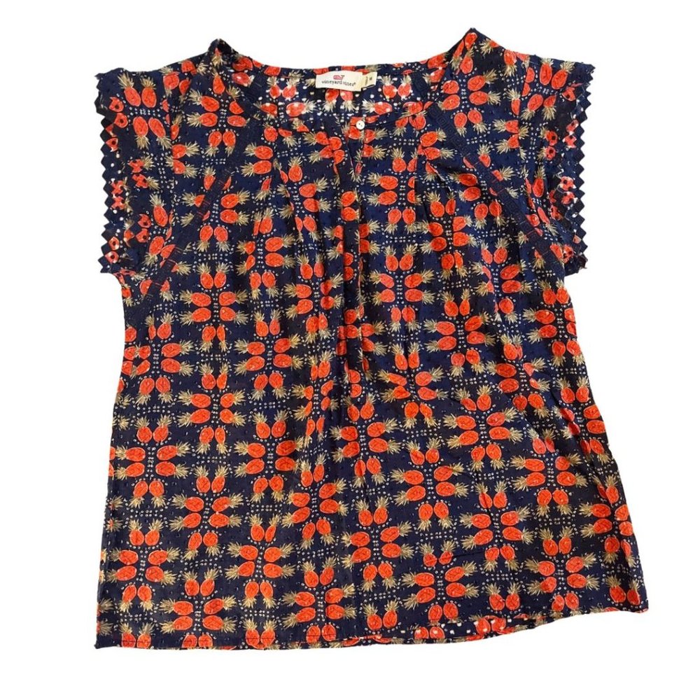 Vineyard Vines Textured Pineapple Blouse Navy Blue Blouse Top Size Medium